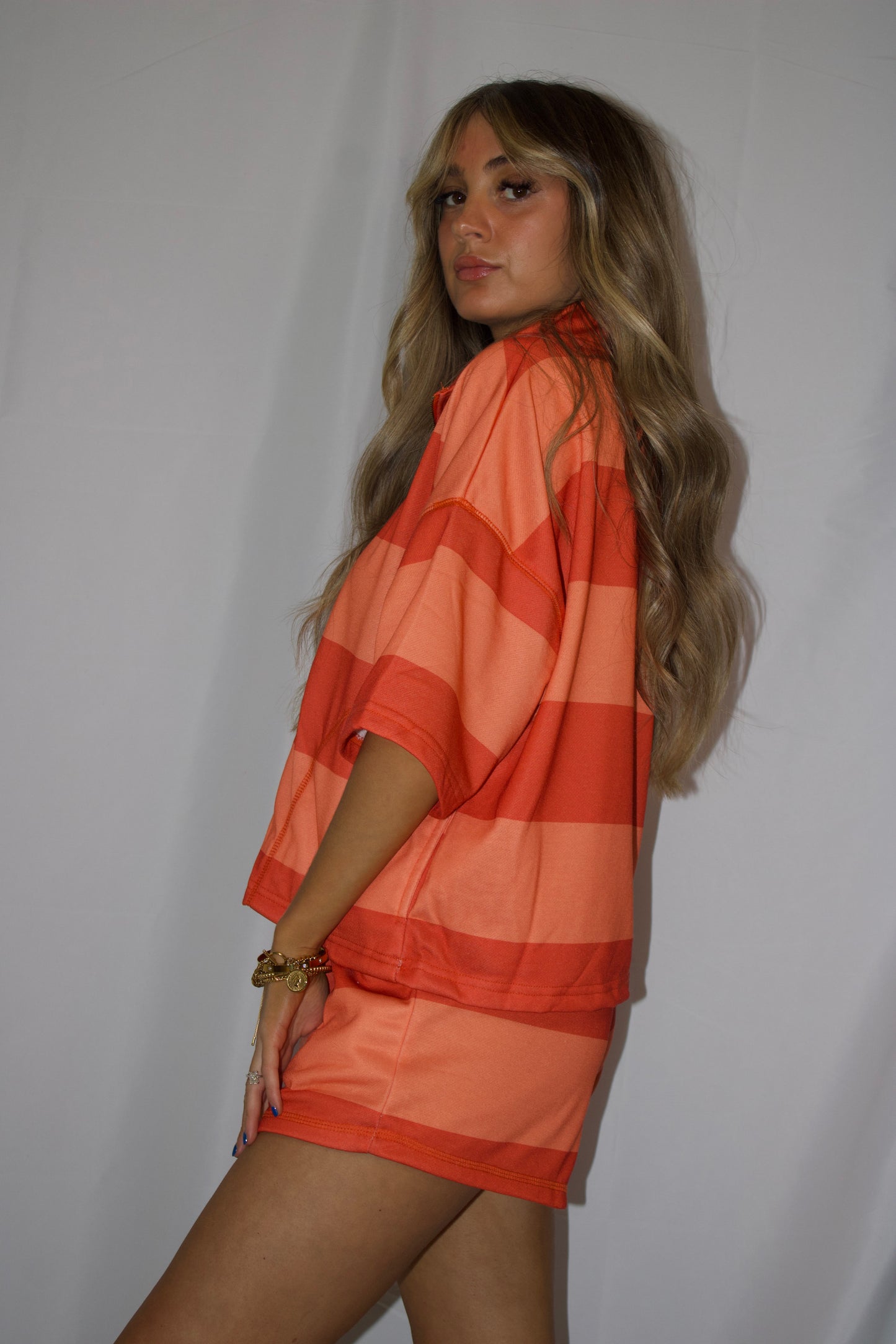 Vintage Striped Top With Front Zip Shorts Set