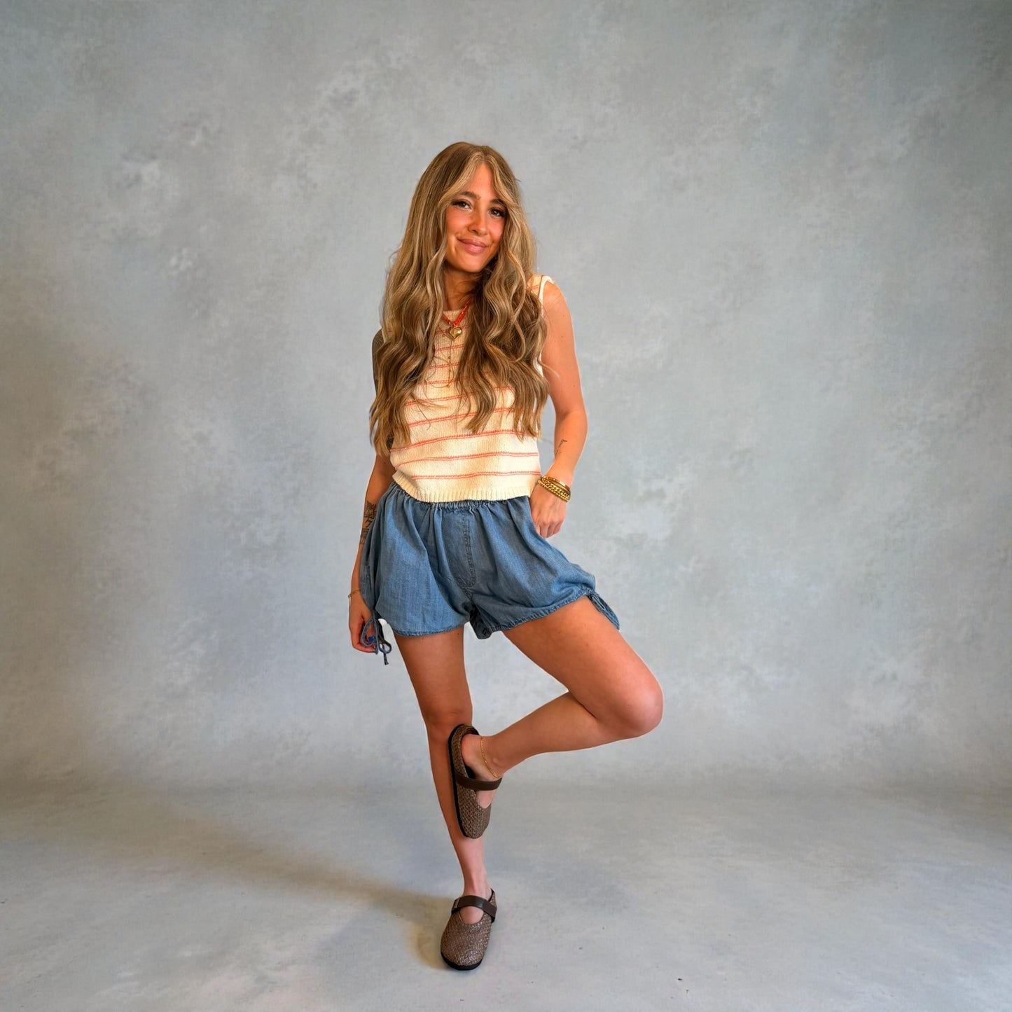 Denim Cotton Polyester Wide Leg Bubble Shorts