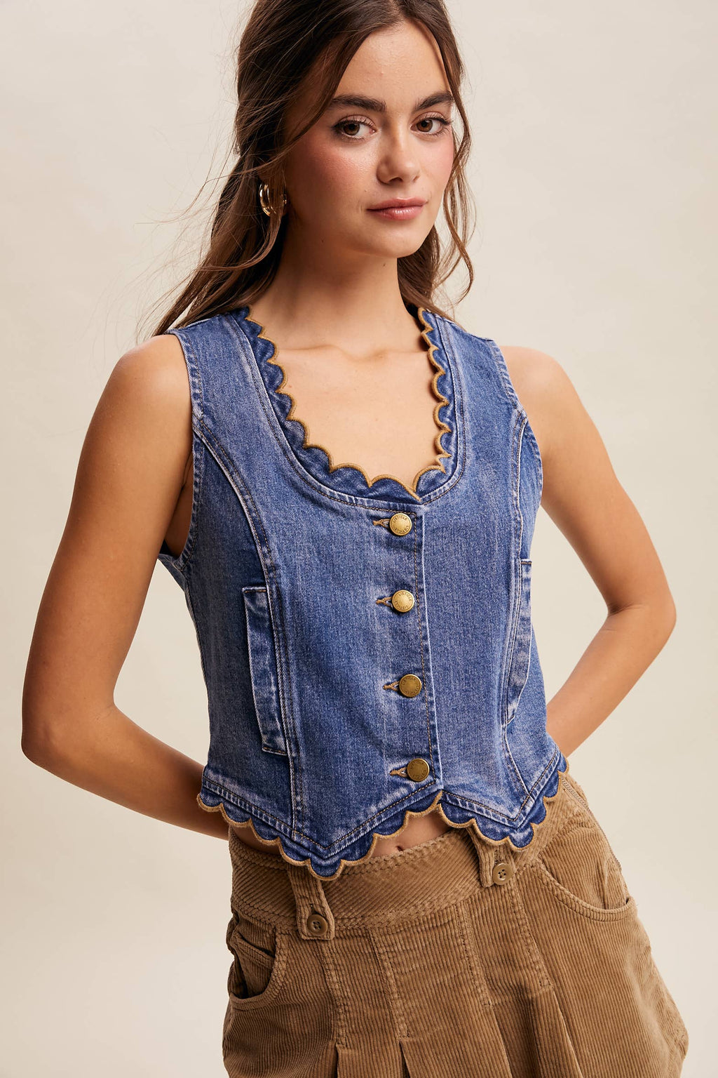 Scallop Trim Stretch Denim Vest LVT030