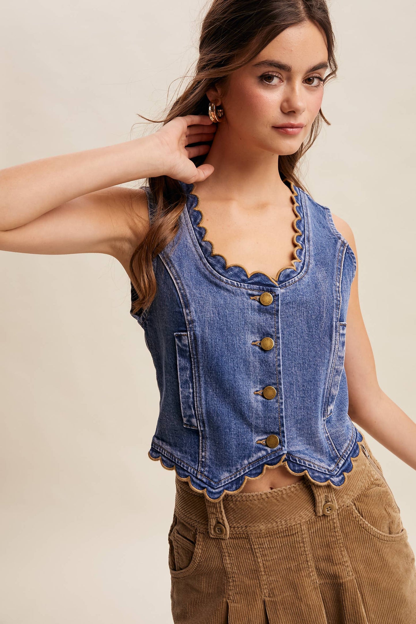 Scallop Trim Stretch Denim Vest LVT030