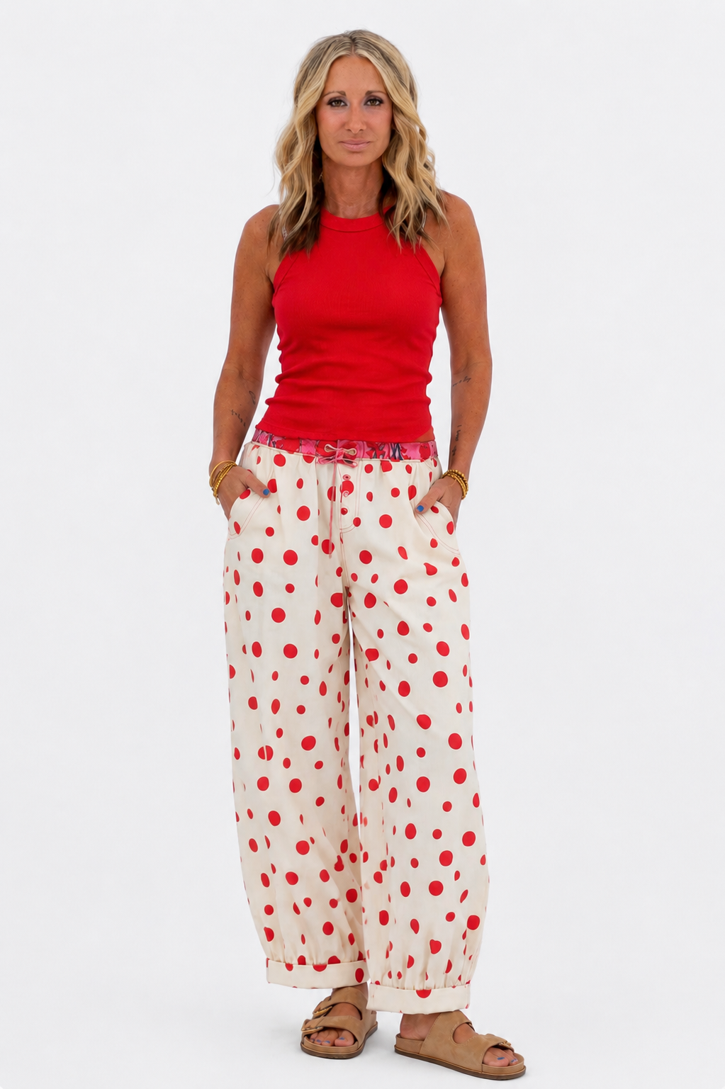 Retro Polka Dot Elastic Waist Wide-Leg Pants