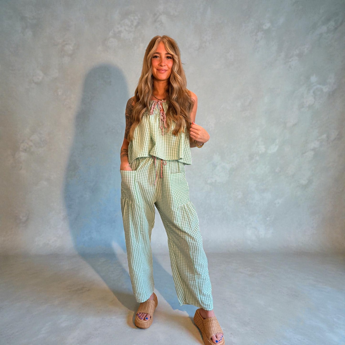 Self Tie Front Seersucker Gingham Print Tank Top & Pants