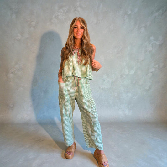 Self Tie Front Seersucker Gingham Print Tank Top & Pants