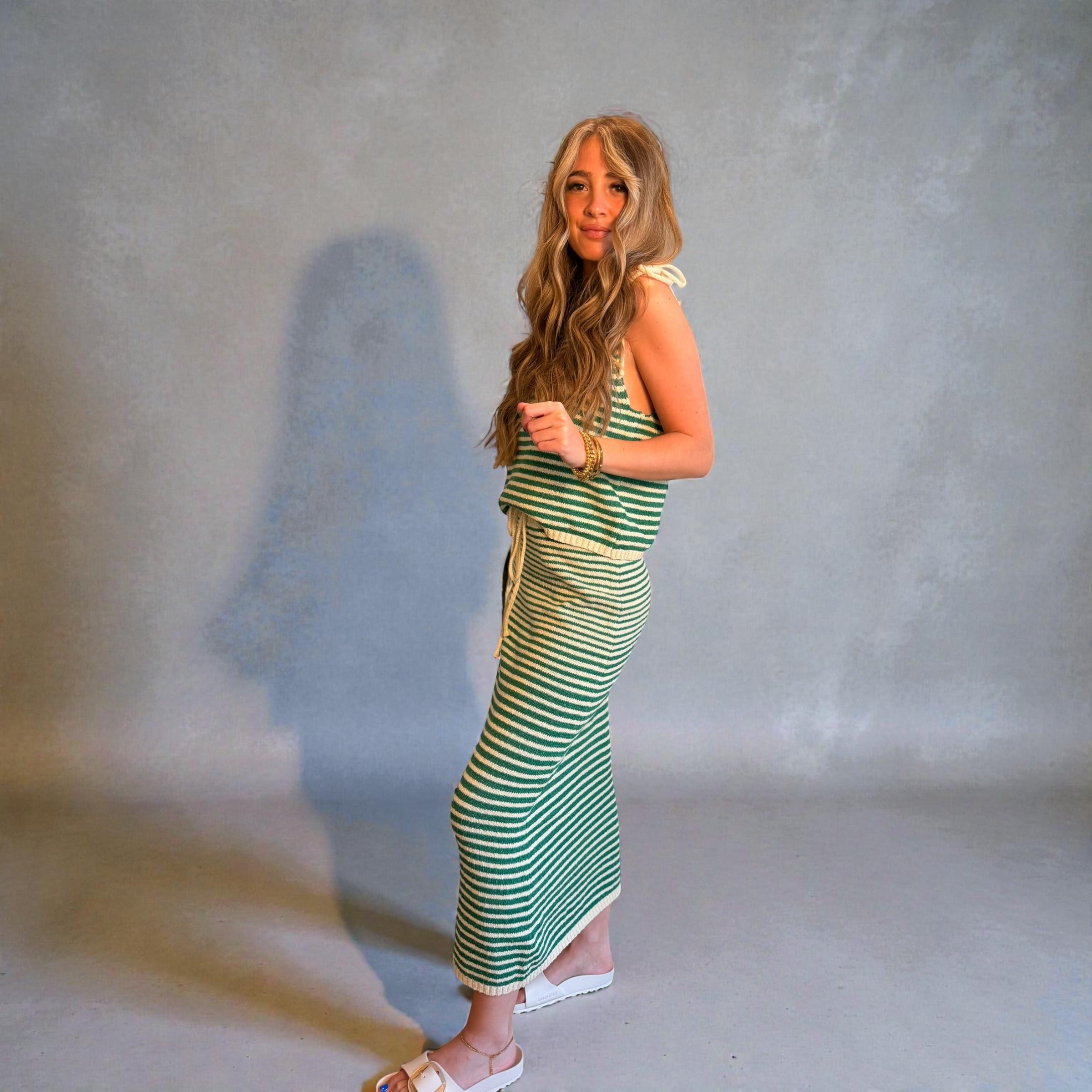 Knit Sweater Cotton Striped Spaghetti Tie Strap Top & Skirt