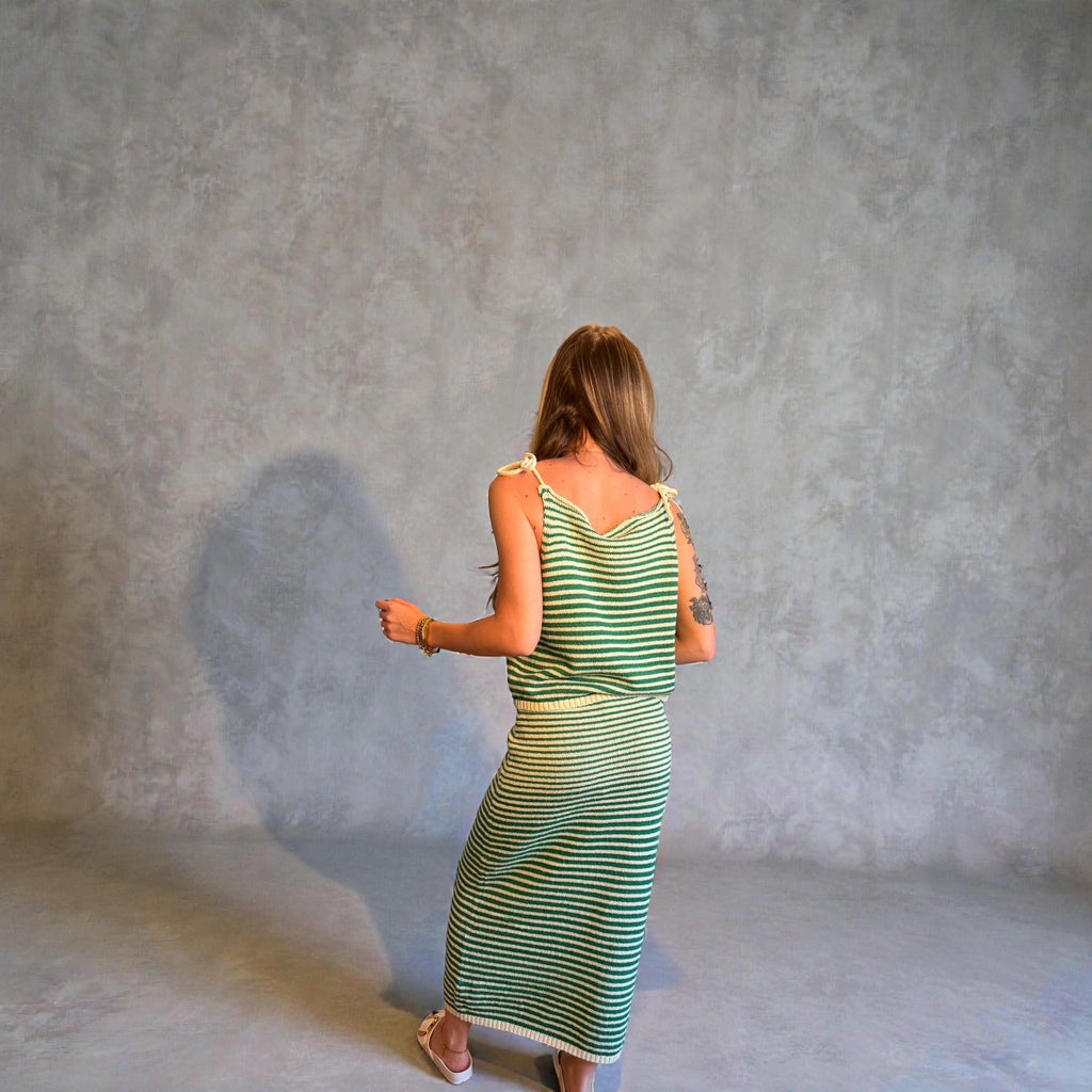 Knit Sweater Cotton Striped Spaghetti Tie Strap Top & Skirt