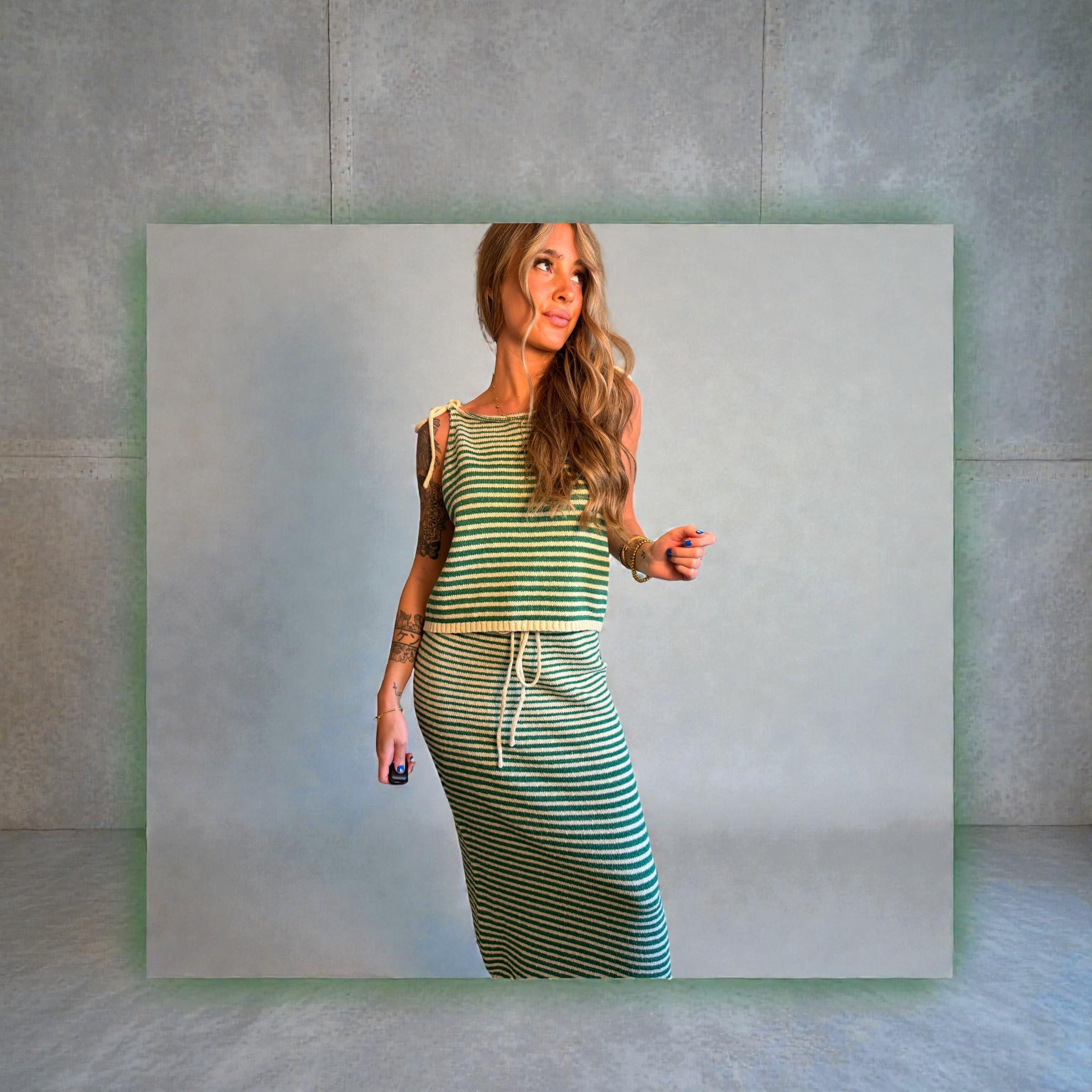Knit Sweater Cotton Striped Spaghetti Tie Strap Top & Skirt