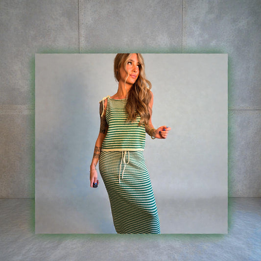 Knit Sweater Cotton Striped Spaghetti Tie Strap Top & Skirt