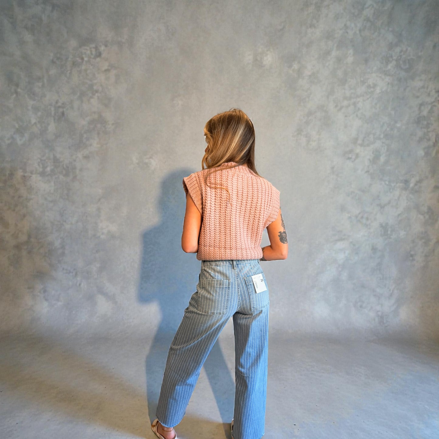 High Rise Striped Raw Hem Crop Barrel Jeans