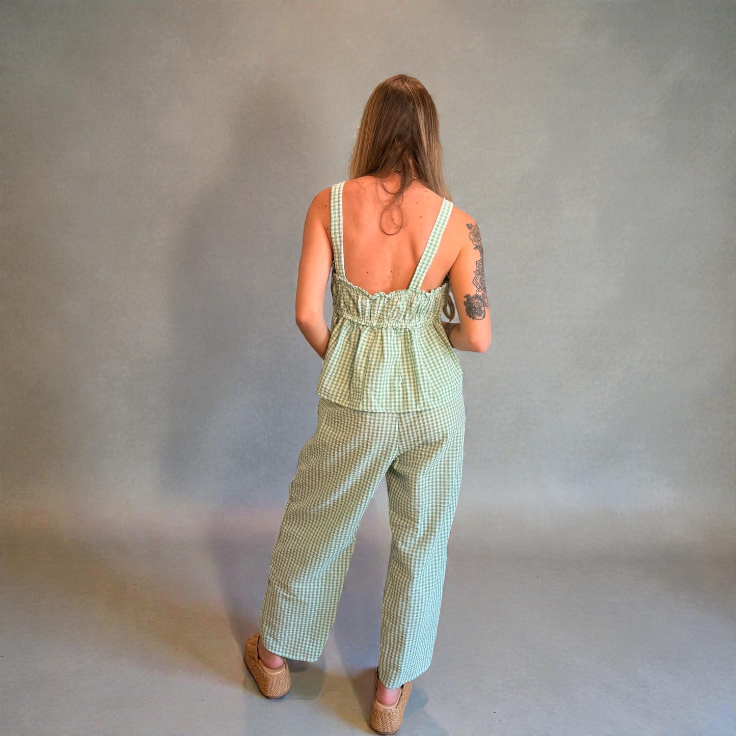 Self Tie Front Seersucker Gingham Print Tank Top & Pants