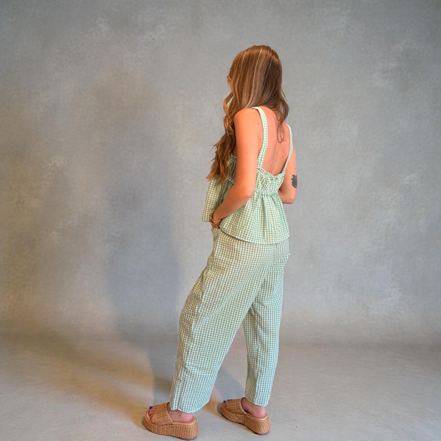 Self Tie Front Seersucker Gingham Print Tank Top & Pants