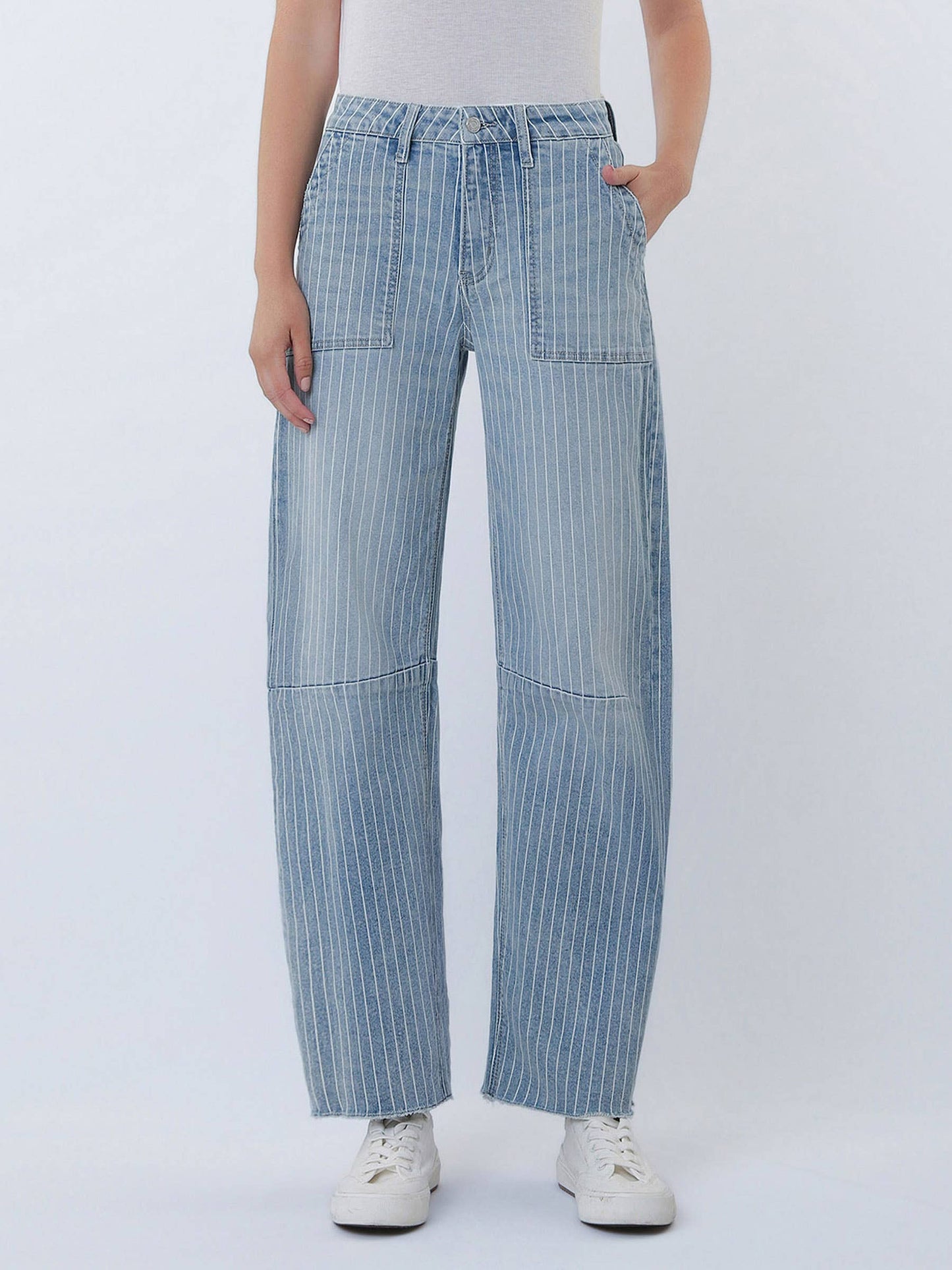 HIGH RISE STRIPED RAW HEM CROP BARREL JEANS V3811STR