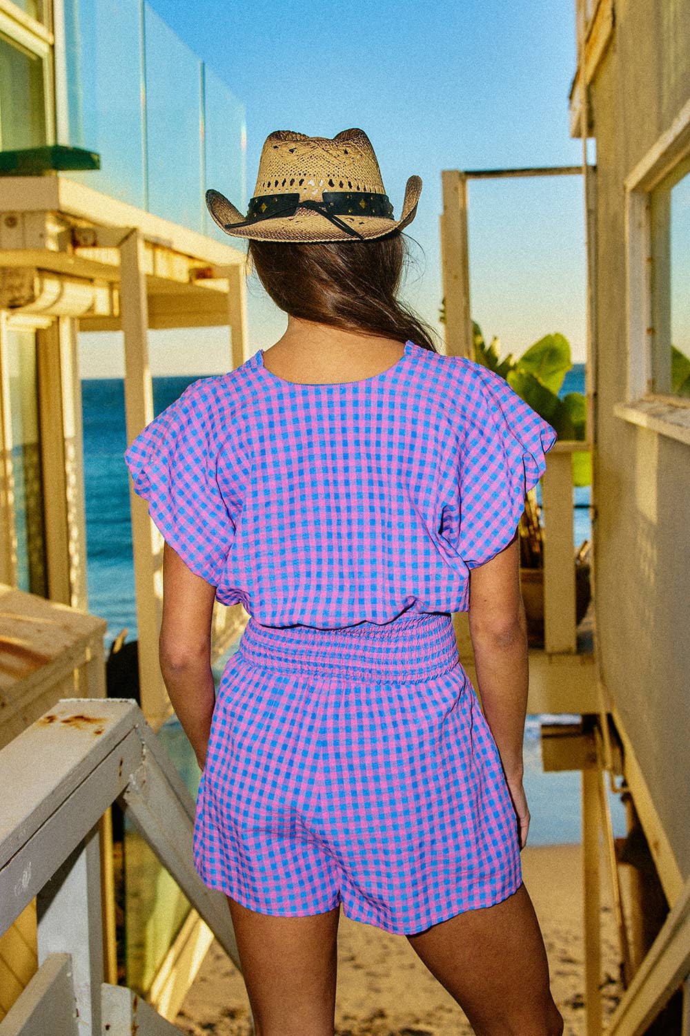 Ruffled Detail Gingham Smocked Waist Romper