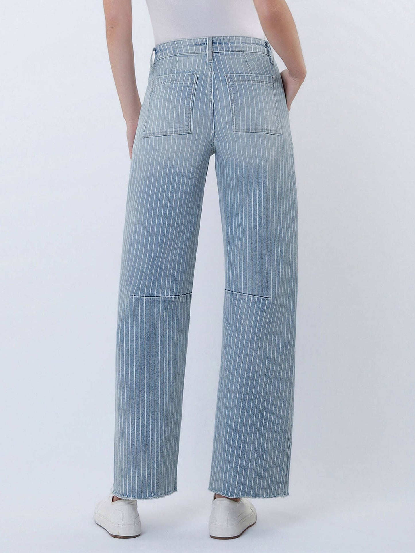 HIGH RISE STRIPED RAW HEM CROP BARREL JEANS V3811STR