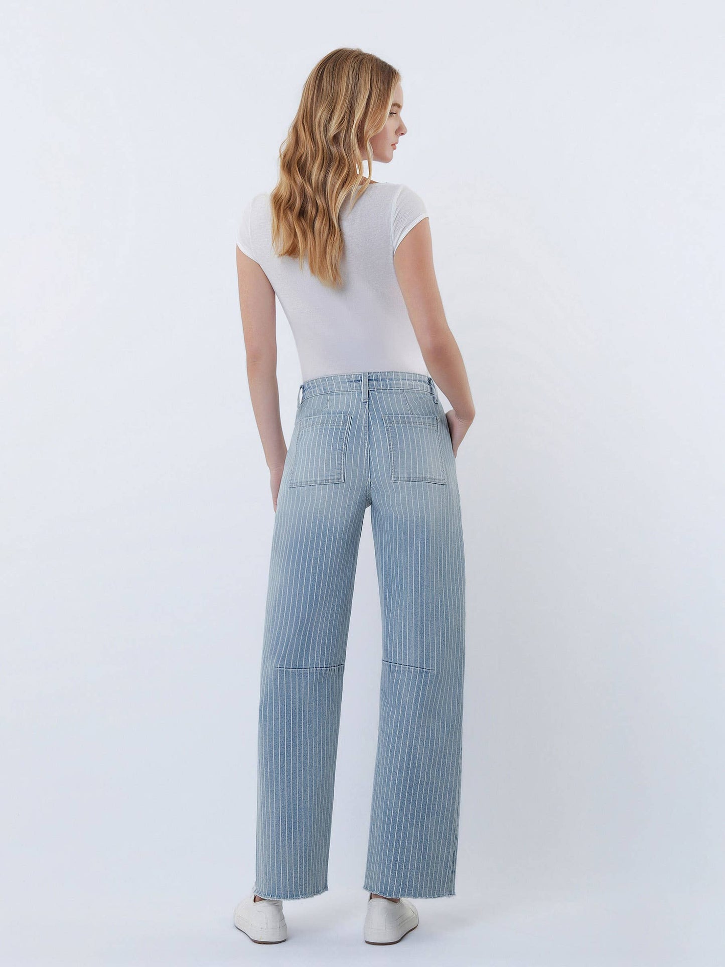 HIGH RISE STRIPED RAW HEM CROP BARREL JEANS V3811STR