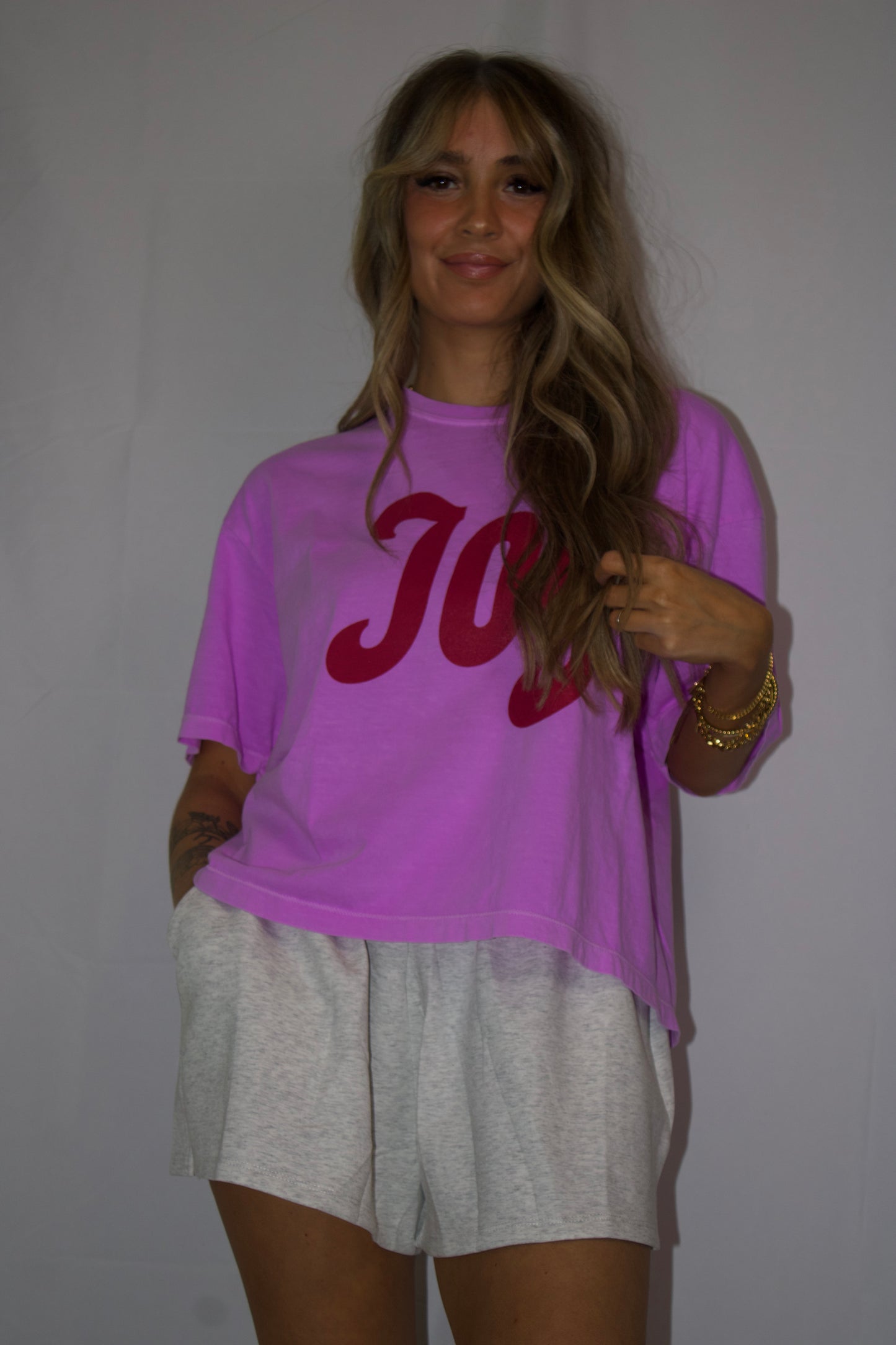 Joy | neon violet comfort colors boxy cropped tee