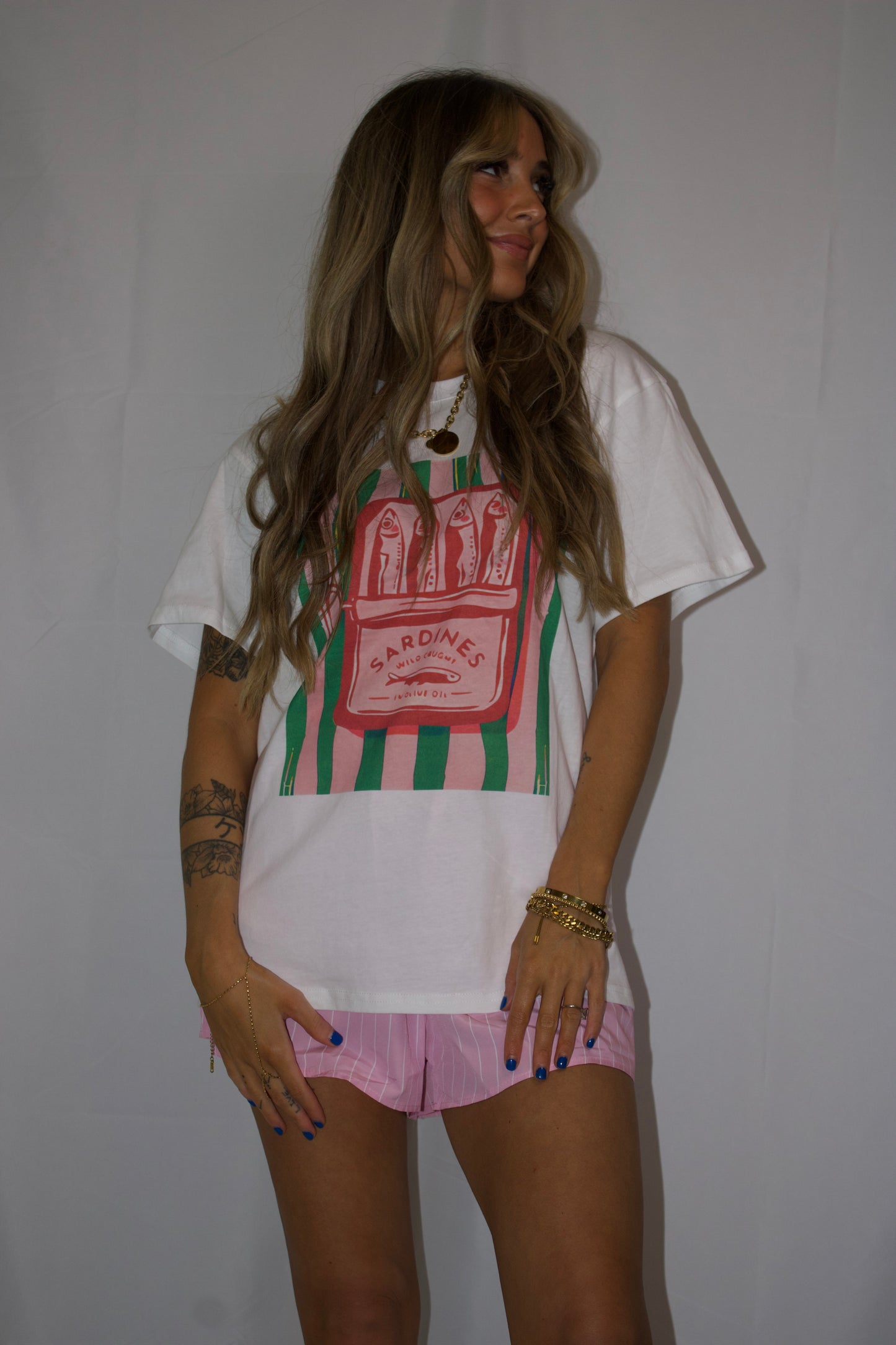 Sardine Graphic Tee and Striped Shorts Set