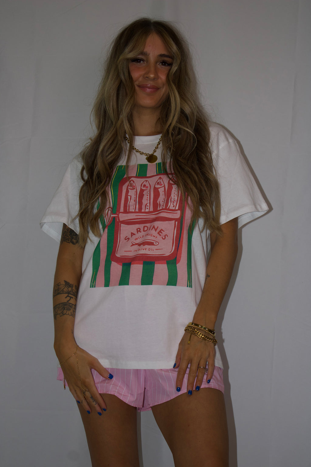 Sardine Graphic Tee and Striped Shorts Set