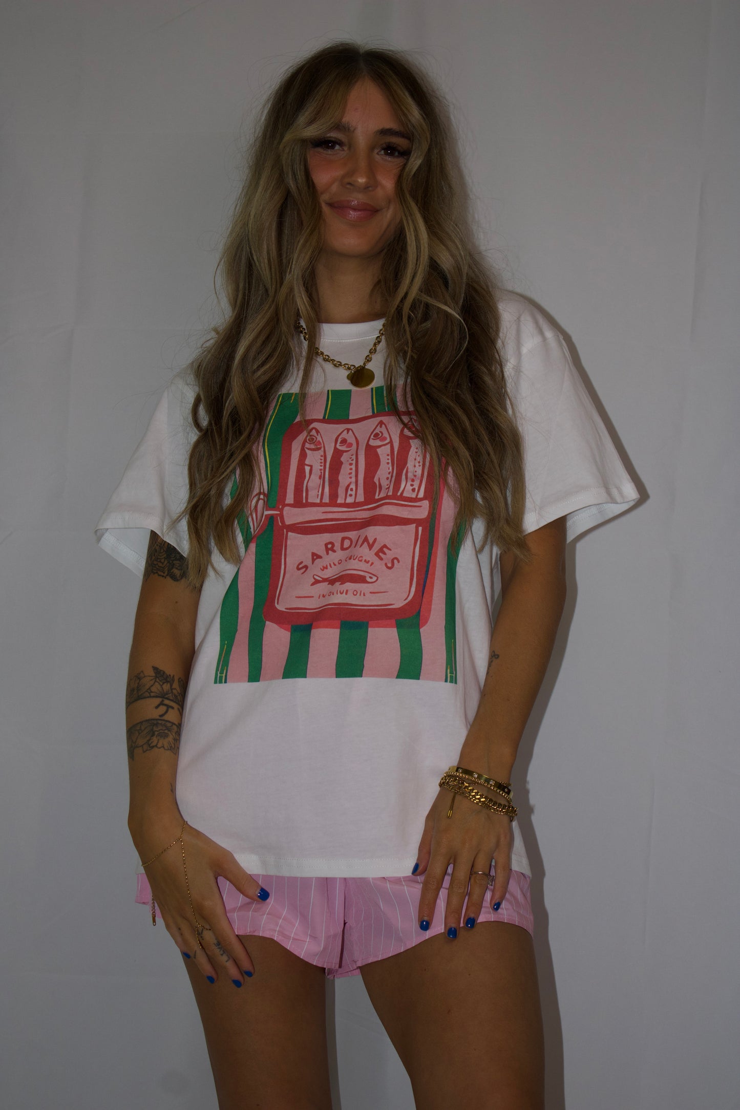 Sardine Graphic Tee and Striped Shorts Set