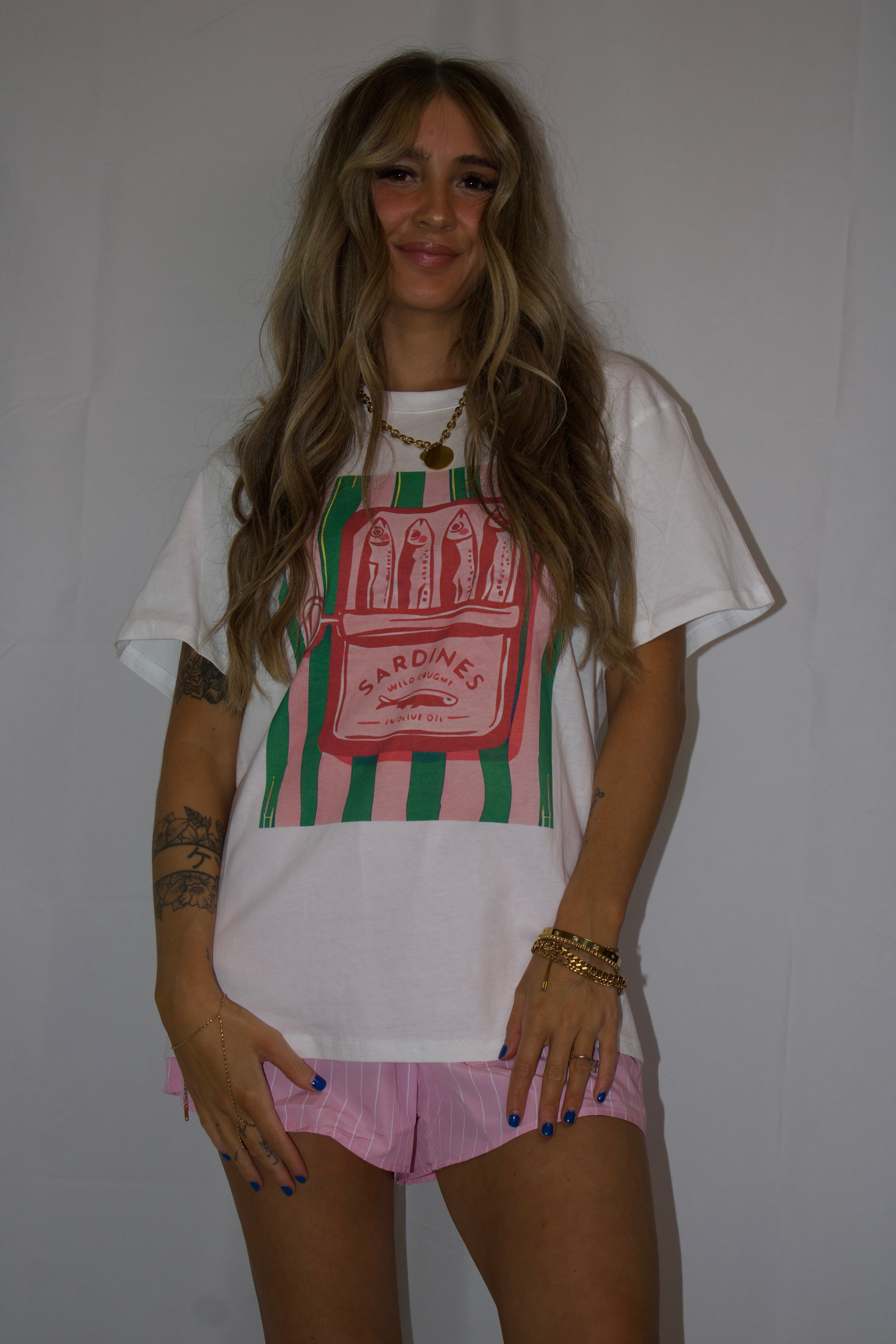 Sardine Graphic Tee and Striped Shorts Set