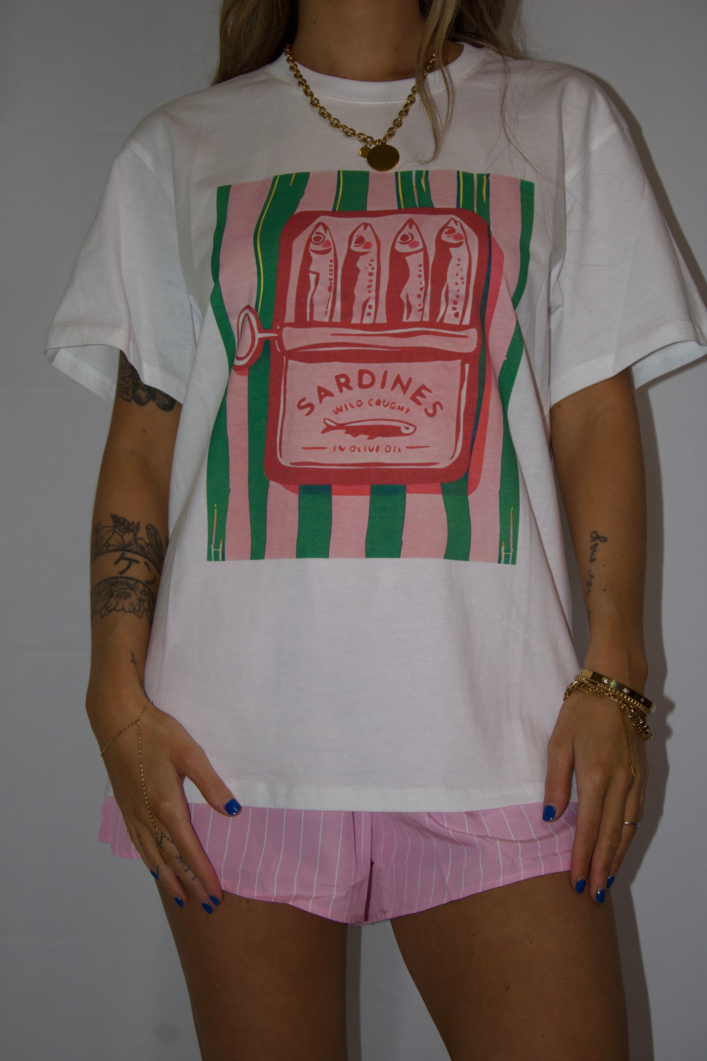 Sardine Graphic Tee and Striped Shorts Set