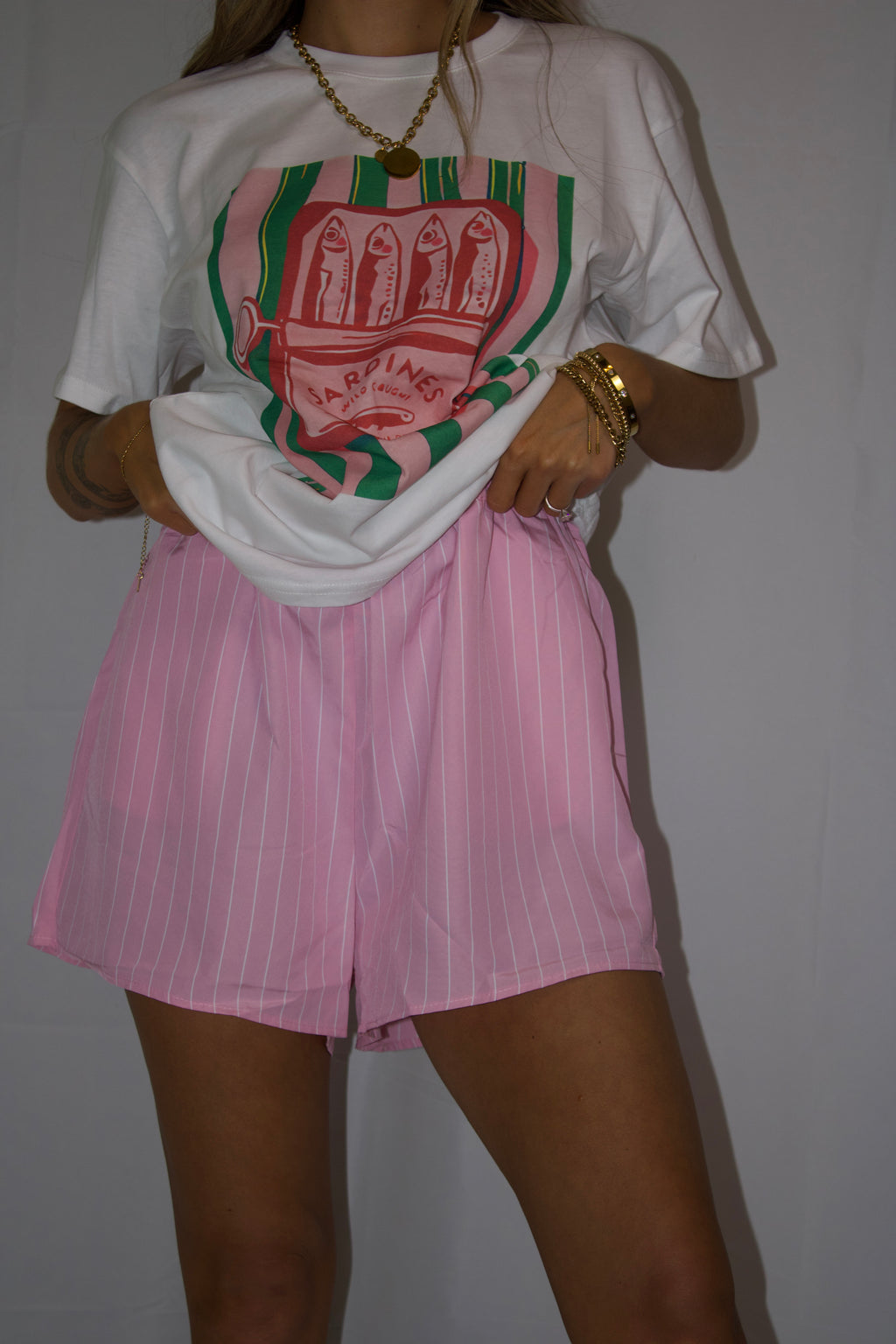 Sardine Graphic Tee and Striped Shorts Set