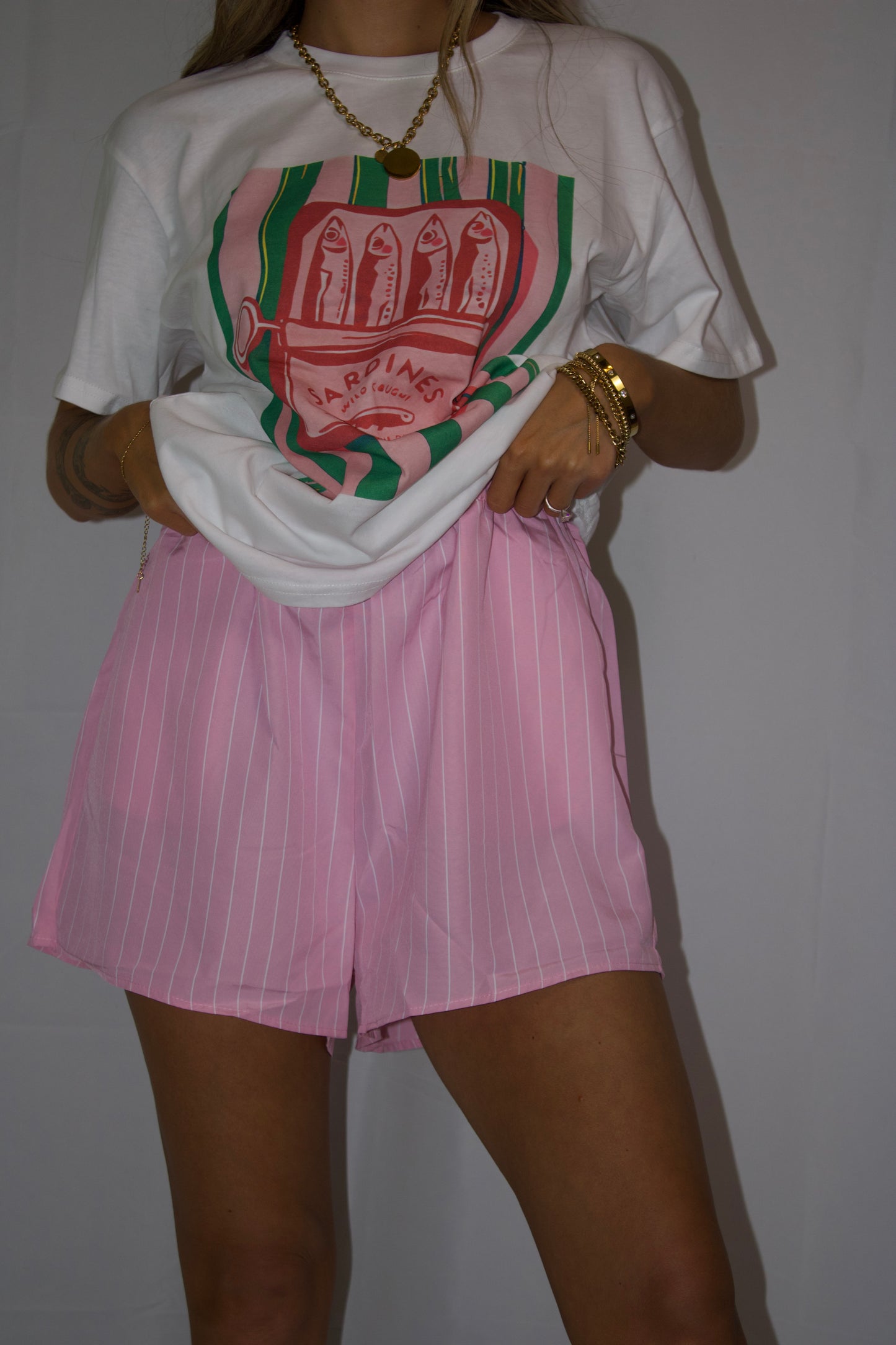 Sardine Graphic Tee and Striped Shorts Set