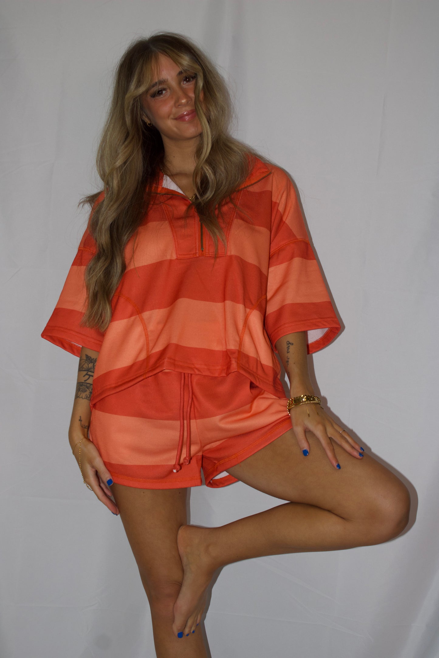 Vintage Striped Top With Front Zip Shorts Set