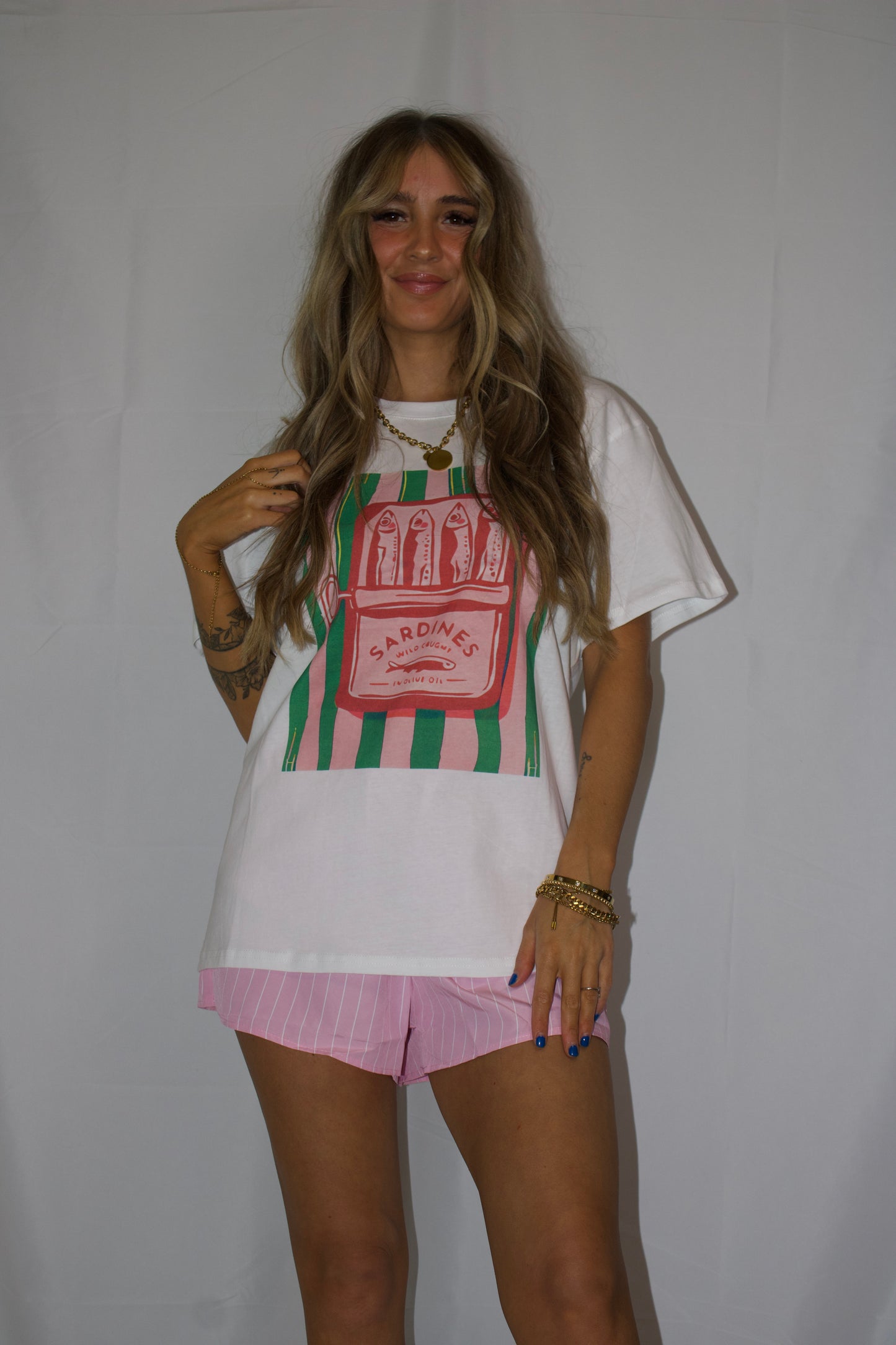 Sardine Graphic Tee and Striped Shorts Set