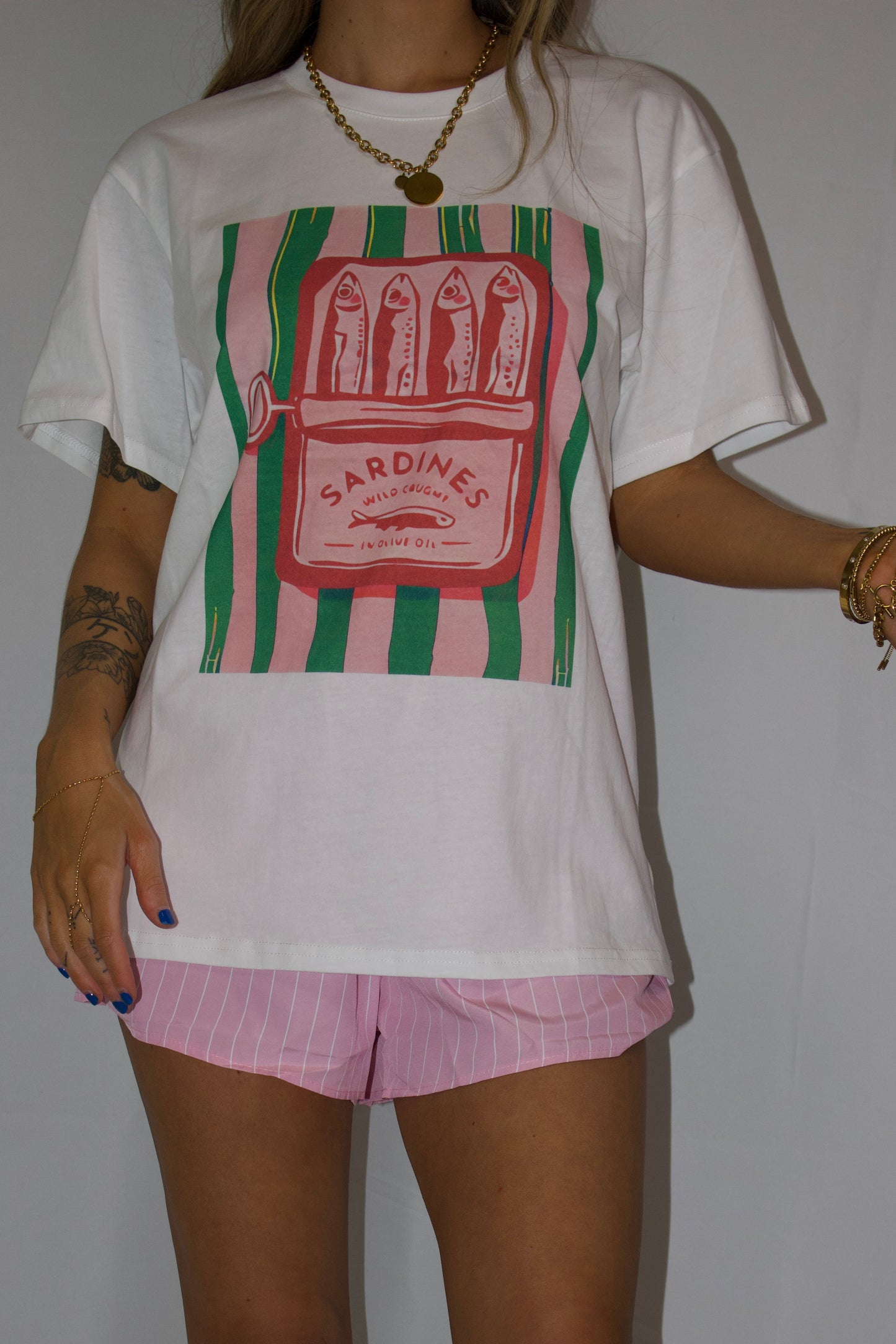 Sardine Graphic Tee and Striped Shorts Set