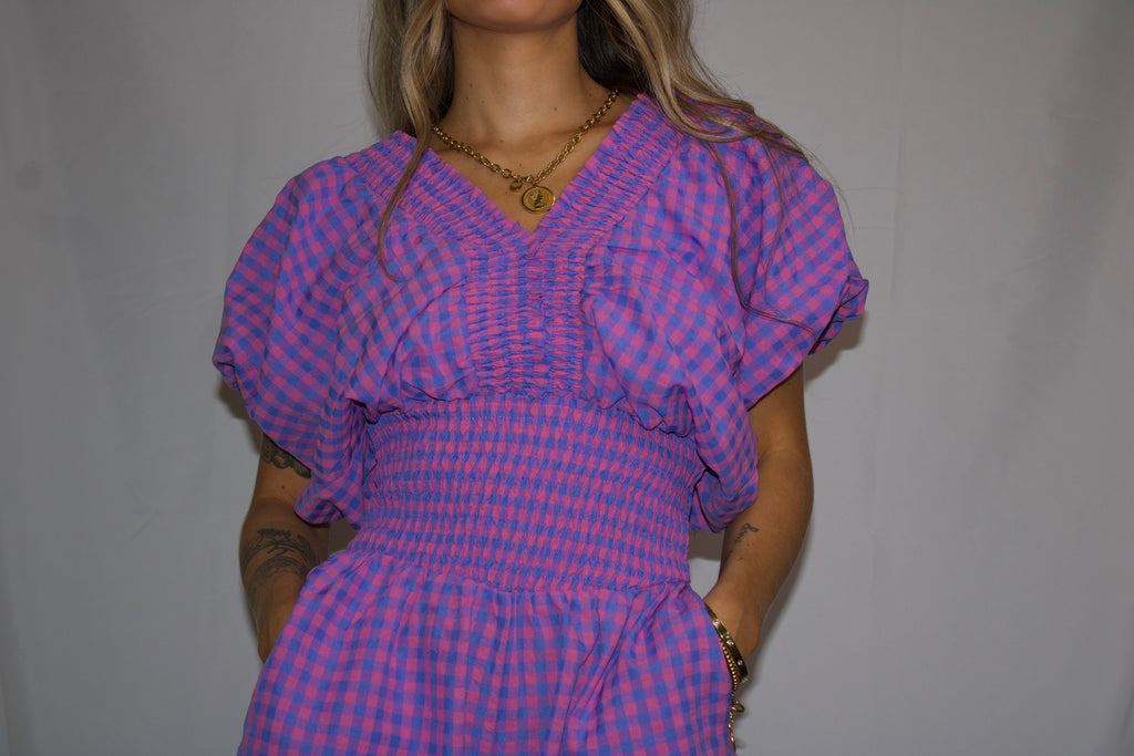 Ruffled Detail Gingham Smocked Waist Romper