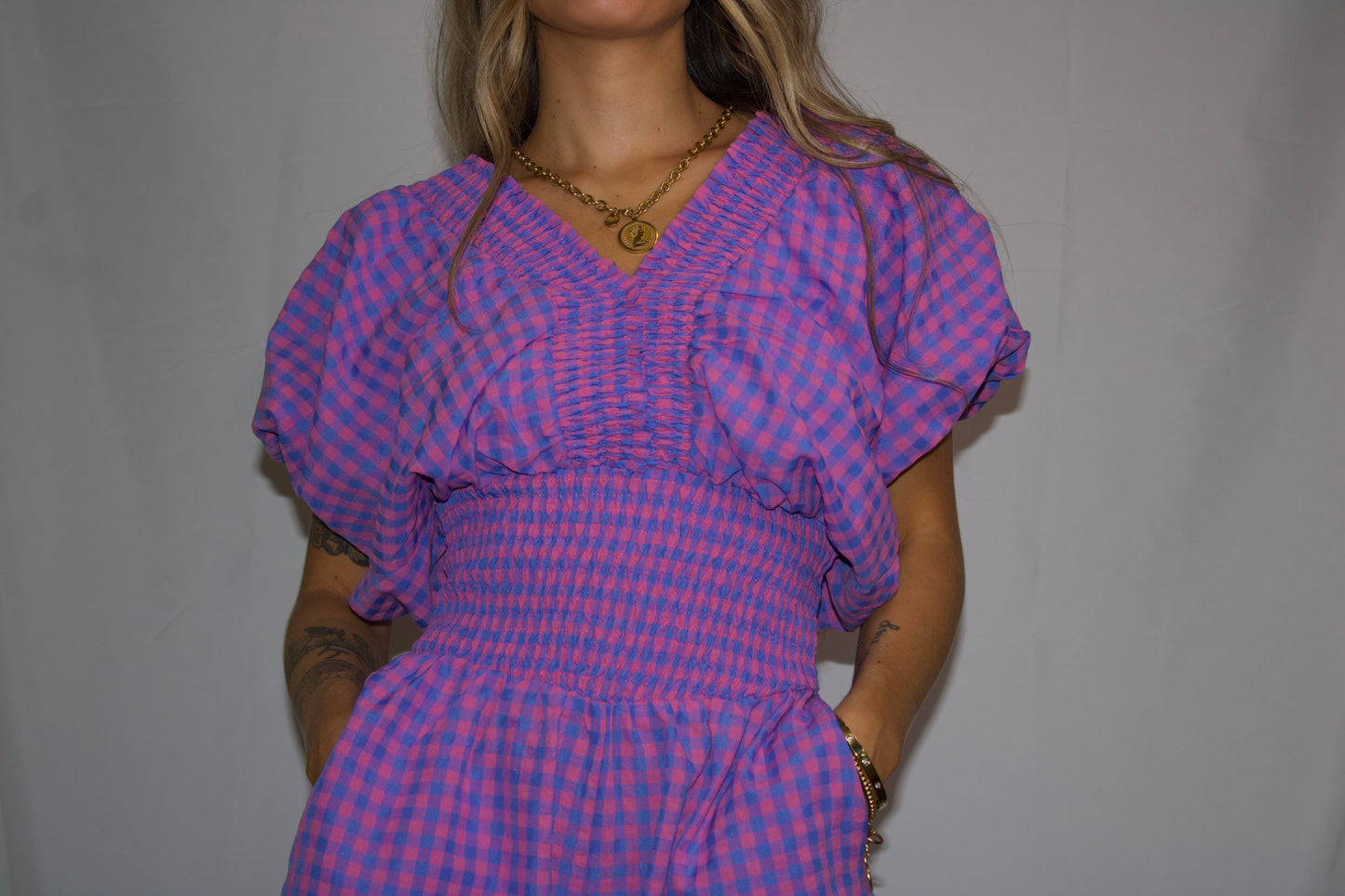 Ruffled Detail Gingham Smocked Waist Romper