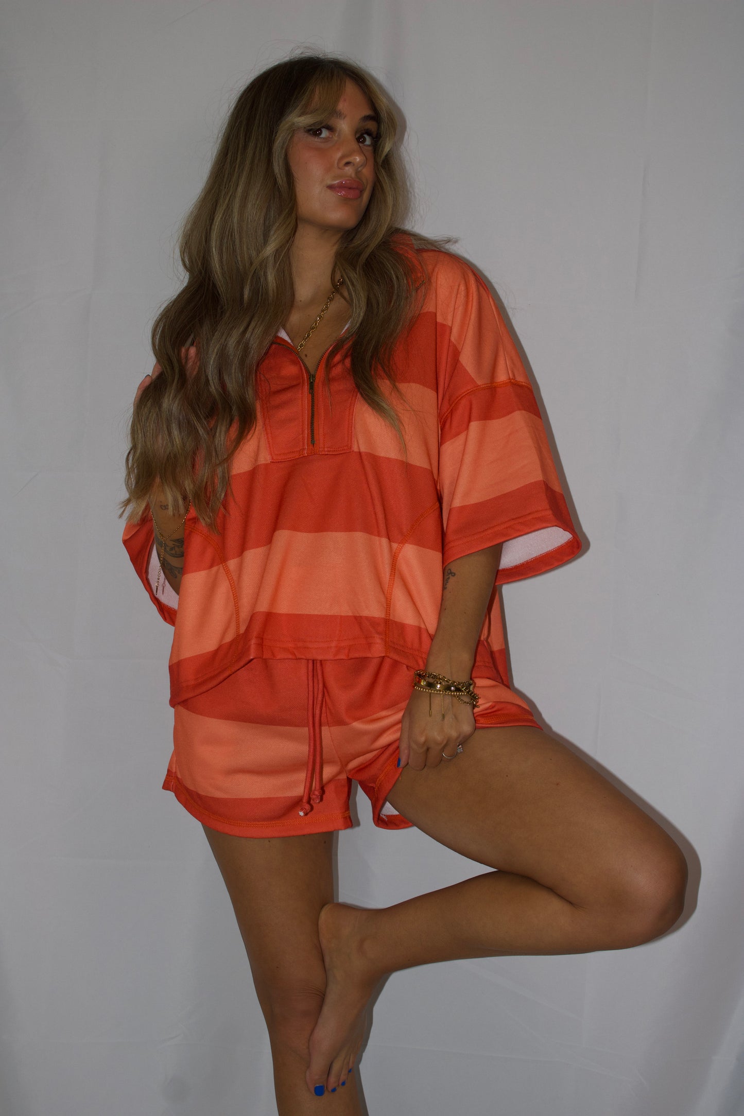 Vintage Striped Top With Front Zip Shorts Set