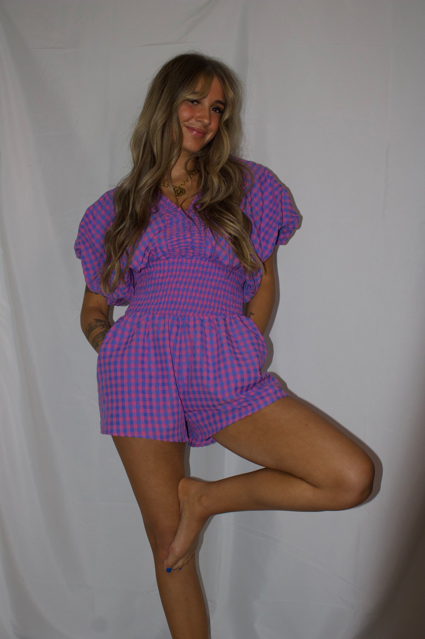 Ruffled Detail Gingham Smocked Waist Romper