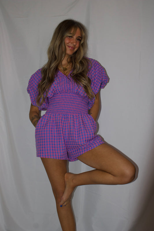 Ruffled Detail Gingham Smocked Waist Romper